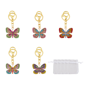 5Pcs Colorful Full Rhinestone Butterfly Pendant Keychain, with Alloy Findings, for Woman Car Bag Accessories, Mixed Color, 9.7cm