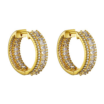 SHEGRACE Brass Micro Pave Grade AAA Cubic Zirconia Huggie Hoop Earrings, Ring, Clear, Real 18K Gold Plated, 7.5x23.5mm
