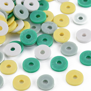 4 Colors Handmade Polymer Clay Beads, Heishi Beads, Disc/Flat Round, Medium Sea Green & Aqua & Light Khaki & White, 8x0.5~1.5mm, Hole: 2mm, about 11500pcs/1000g