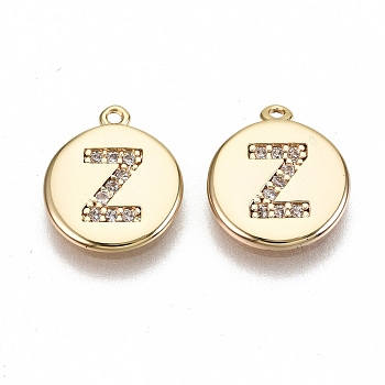 Brass Micro Pave Clear Cubic Zirconia Charms, Nickel Free, Real 18K Gold Plated, Flat Round, Letter.Z, 11.5x10x1mm, Hole: 0.9mm