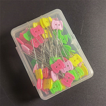 Flat Head Straight Iron Pins, Plastic 2-Hole Bowknot Head Sewing Positioning Pins, for Dressmaker, Sewing Projects, and DIY Jewelry Decoration, Mixed Color, Platinum, Bowknot Pattern, 55mm, Packaging: 70x50x25mm, 50pcs/set
