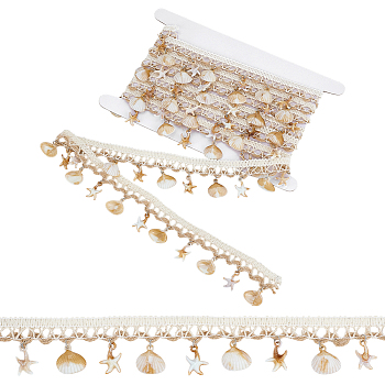3.2 Yards Polyester with Plastic Shell & Starfish Ribbons, Ethnic Style, Navajo White, 1-5/8~1-3/4 inch(40~45mm)