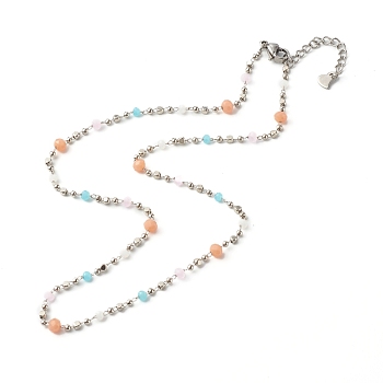Chain Necklace, with Brass & Glass Beaded Chain, 304 Stainless Steel Findings, Light Salmon, 40.5x0.2cm