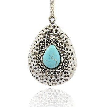 Antique Silver Plated Alloy Synthetic Turquoise Pendants, Hammered Teardrop Pendants, Cyan, 42x29x8mm, Hole: 2mm