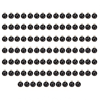 Alloy Enamel Pendants, Flat Round with Constellation, Light Gold, Black, Capricorn, 15x12x2mm, Hole: 1.5mm, 100pcs/Box