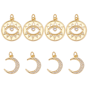 8Pcs 2 Style Rack Plating Brass Micro Pave Cubic Zirconia Pendants, Moon & Eye Charms, Long-Lasting Plated, Cadmium Free & Lead Free, with Jump Ring, Real 18K Gold Plated, 16~20.5x12.5~17.5x2mm, Hole: 3mm, 4pcs/style