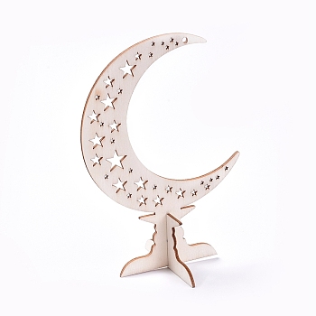 Eid Mubarak Wooden Ornaments, Ramadan Wood Tabletop Decoration, Moon with Star, Blanched Almond, 179x125x2.5mm