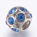 304 Stainless Steel European Beads, Large Hole Beads, with Rhinestone, Rondelle, Stainless Steel Color, Light Sapphire, 11x9.5mm, Hole: 5mm(STAS-O097-120B)