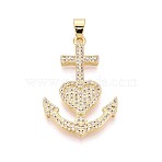 Brass Micro Pave Clear Cubic Zirconia Pendants, Anchor with Heart Charms, Real 18K Gold Plated, 36.5x23.5x3mm, Hole: 6x3.5mm(KK-N268-88G)