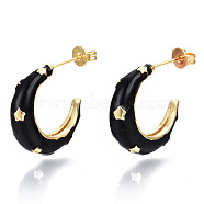Brass Enamel Stud Earrings, Half Hoop Earrings, with Ear Nuts, Nickel Free, Double Horn/Crescent Moon with Star, Real 16K Gold Plated, Black, 19x5.5mm, Pin: 0.8mm(X-EJEW-T014-08G-01-NF)