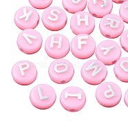 Plating Opaque Acrylic Beads, Metal Enlaced, Flat Round with Letter, Pearl Pink, 10x6mm, Hole: 1.8mm, about 632pcs/200g(MACR-SZ0001-46G)