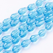 Glass Beads Strands, Faceted, teardrop, Deep Sky Blue, 11x8mm, Hole: 1mm, about 57~59pcs/strand, 26.38~26.77 inch(X-GLAA-R024-11x8mm-7)