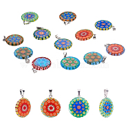 Handmade Millefiori Lampwork Pendants, with 304 Stainless Steel Findings, Flat Round, Stainless Steel Color, Mixed Color, 23x20x3~3.5mm, Hole: 2.5x5mm(LAMP-S191-08)