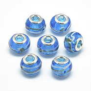 Handmade Lampwork European Beads, with Platinum Brass Double Cores, Large Hole Beads, Rondelle, Dodger Blue, 13~15x10mm, Hole: 5mm(X-LAMP-Q029-01E)