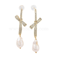 Natural Pearl Dangle Stud Earrings, with Brass Glass Findings and 925 Sterling Silver Pins, Bowknot with Teardrop, Real 14K Gold Plated, 35x10mm(EJEW-P256-33G)