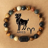 Twelve Constellations Natural Tiger Eye & Picture Jasper & Rhyolite Jasper Round & Column Beaded Stretch Bracelets for Women Men, with Gift Card, Aries, 2-3/8 inch(6cm)(WG6FA5D-03)