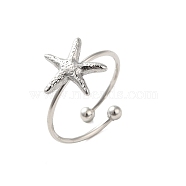 304 Stainless Steel Open Cuff Ring, Starfish, Stainless Steel Color, Inner Diameter: 18mm(RJEW-M167-08B-P)