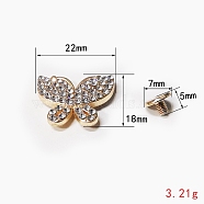 Alloy Collision Rivets, with Rhinestone, for Clothes Bag Shoes Leather Craft, Butterfly, Golden, 18x22mm(PW-WG73012-01)