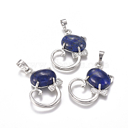 Natural Lapis Lazuli Kitten Pendants, with Platinum Tone Brass Findings and Crystal Rhinestone, Cat with Bowknot Shape, Dyed, 32x25.5x7.5mm, Hole: 4.5x7mm(G-L512-R01)
