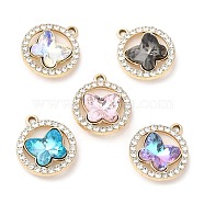 UV Plating Alloy Pendants, with Crystal Rhinestone and Glass, Cadmium Free & Lead Free, Flat Round with Butterfly Charms, Golden, 19.5x16.5x6.5mm, Hole: 1.6mm(PALLOY-A004-01G)