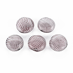Transparent Handmade Blown Glass Globe Beads, Stripe Pattern, Flat Round, Saddle Brown, 16~17.5x8~9.5mm, Hole: 1~2mm(GLAA-T012-25)