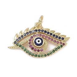 Real 18K Gold Plated Brass Micro Pave Cubic Zirconia Pendants, with Enamel and Jump Ring, Evil Eye Charms, Dark Blue, 15x25x4mm, Hole: 3.4mm(KK-L209-070G-01)
