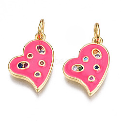 Brass Micro Pave Cubic Zirconia Enamel Charms, with Jump Rings, Nickel Free, Heart, Real 16K Gold Plated, Deep Pink, 10.5x13.5x2mm, Jump Ring: 5x0.8mm, 3mm inner diameter(ZIRC-Q200-024C-NF)