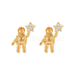Brass Micro Pave Clear Cubic Zirconia Stud Earring Findings, for Half Drilled Beads, Nickel Free, Spaceman, Real 18K Gold Plated, 18x13mm, Pin: 0.6mm, pin: 0.7mm(for half drilled beads)(KK-S364-152)