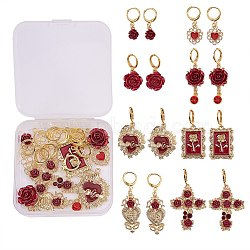 DIY Red Themed Earring Making Kits, Including Rose Alloy Pendants, Alloy Links Connectors, Brass Leverback Earring Findings, Golden, Penandts: 18pcs/box(DIY-CJ0001-47)