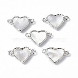 Brass Connector Charms, with Freshwater Shell, Nickel Free, Heart Links, Platinum, 10x17x3mm, Hole: 1.4mm(KK-R134-046P)