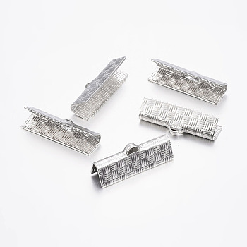 304 Stainless Steel Ribbon Crimp Ends, Rectangle, Stainless Steel Color, 7x20mm, Hole: 1.2x3mm
