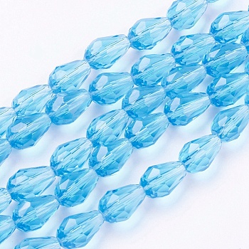 Glass Beads Strands, Faceted, teardrop, Deep Sky Blue, 11x8mm, Hole: 1mm, about 57~59pcs/strand, 26.38~26.77 inch