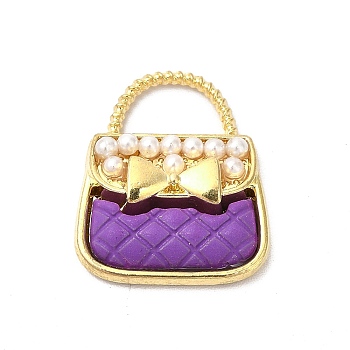 Alloy Enamel Charms, with ABS Plastic Imitation Pearl Beads, Cadmium Free & Nickel Free & Lead Free, Golden, Handbag with Bowknot Charm, Dark Violet, 18.5x16x4.5mm, Hole: 4.5x8mm