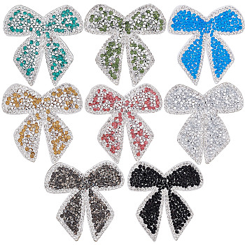 Gorgecraft 8Pcs 8 Colors Bowknot Resin Rhinestone Patches, Iron/Sew on Appliques, Costume Accessories, for Clothes, Bag, Pants, Shoes, Mixed Color, 62x60x2.3mm, 1pc/color