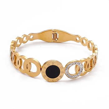 Vacuum Plating 201 Stainless Steel Bangles, with Black Resin and Polymer Clay Crystal Rhinestone, Flat Round with Roman Numeral, Golden, Inner Diameter: 2-1/8x2-3/8 inch(5.3x5.9cm)