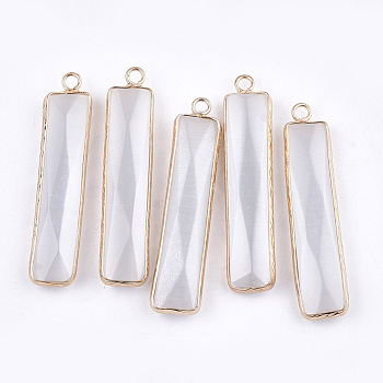 Cat Eye Pendants, with Brass Findings, Faceted, Rectangle, Golden, WhiteSmoke, 45~46x9~11x4~5mm, Hole: 2mm
