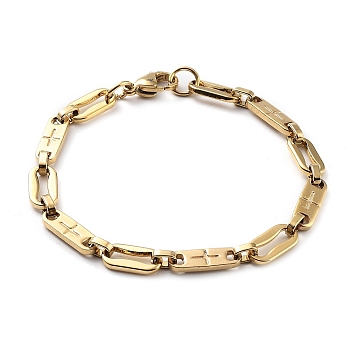 Vacuum Plating 304 Stainless Steel Oval with Cross Link Chain Bracelet for Men Women, Golden, 8-3/8 inch(21.3cm)