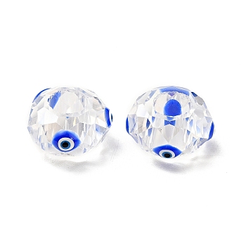 Transparent Glass European Beads, Large Hole Beads, with Enamel, Faceted, Rondelle with Evil Eye Pattern, Blue, 14x8mm, Hole: 6mm