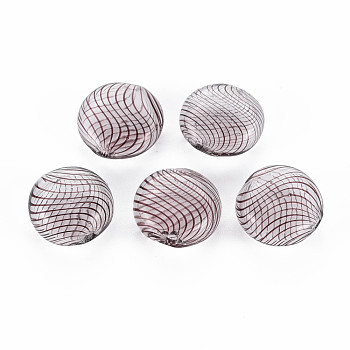 Transparent Handmade Blown Glass Globe Beads, Stripe Pattern, Flat Round, Saddle Brown, 16~17.5x8~9.5mm, Hole: 1~2mm