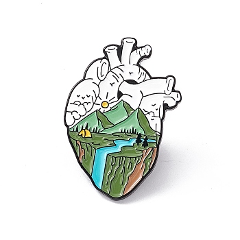 Anatomical Heart Enamel Pin, Electrophoresis Black Alloy Brooch for Backpack Clothes, Waterfall Pattern, 30x21x2mm, Pin: 1.2mm