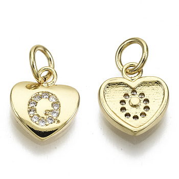 Brass Micro Pave Clear Cubic Zirconia Charms, with Jump Ring, Heart with Letter, Real 16K Gold Plated, Nickel Free, Letter.Q, 10x9x2mm, Jump Ring: 5x1mm, 3mm inner diameter