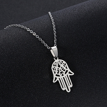 Hollow Hamsa Hand Pendant Necklace, Stainless Steel Cable Chain Necklaces for Women