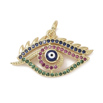 Real 18K Gold Plated Brass Micro Pave Cubic Zirconia Pendants, with Enamel and Jump Ring, Evil Eye Charms, Dark Blue, 15x25x4mm, Hole: 3.4mm