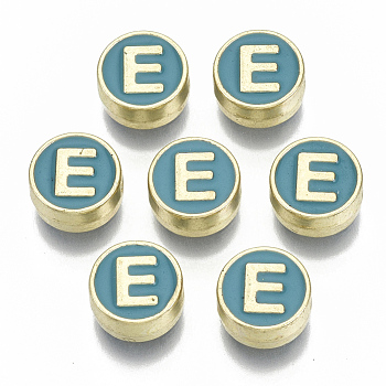 Alloy Enamel Beads, Cadmium Free & Nickel Free & Lead Free, Flat Round with Initial Letters, Light Gold, Letter.E, 8x4mm, Hole: 1.5mm