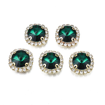 Sew on Rhinestone, Transparent Glass Rhinestone, with Brass Prong Settings, Faceted, Square, Emerald, 17x17x8mm, Hole: 1mm
