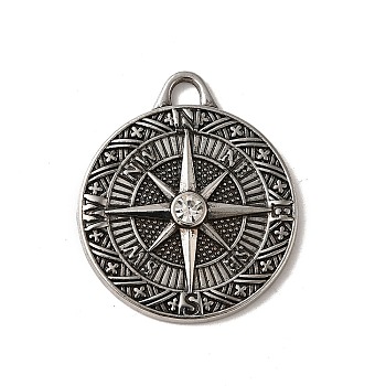 Alloy Pendant, with Rhinestones, Cadmium Free & Lead Free, Compass Shape Charms, Antique Silver, 41x35.5x5mm, Hole: 3.8x5mm