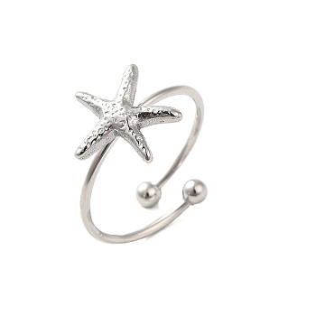 304 Stainless Steel Open Cuff Ring, Starfish, Stainless Steel Color, Inner Diameter: 18mm