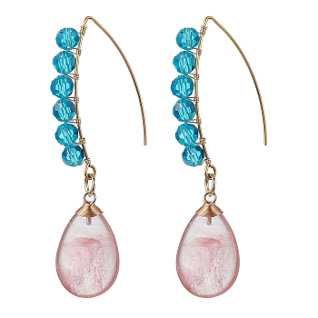 Glass & Synthetic Cherry Quartz Glass Teardrop Dangle Earrings, Brass Earrings, Golden, 71x16.5mm