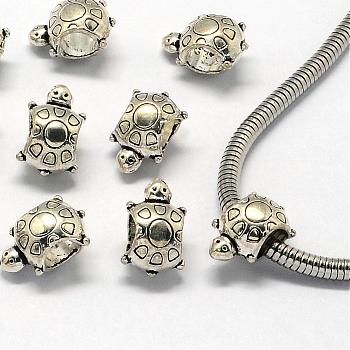 Tibetan Style Alloy Beads, Large Hole Beads, Tortoise, Antique Silver, 14x9x8mm, Hole: 5.5mm