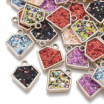 UV Plating Acrylic Pendants, with Imitation Leather inlaid Glitter Sequins/Paillette, Mixed Color, Diamond, Light Gold, 20x18x2.5mm, Hole: 1.8mm